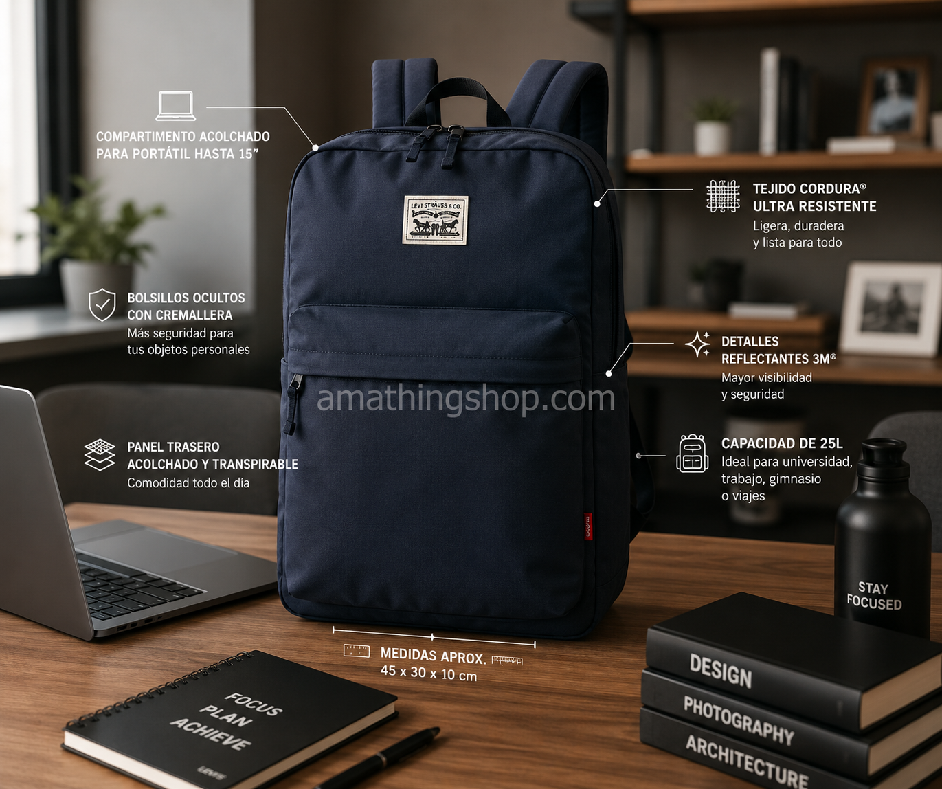 Mochila Levi’s Azul Marino para Portátil y Trabajo | Backpack Unisex 25L Premium Mochila Levi’s azul marino 25L para portátil 15 pulgadas en escritorio moderno de trabajo y universidad