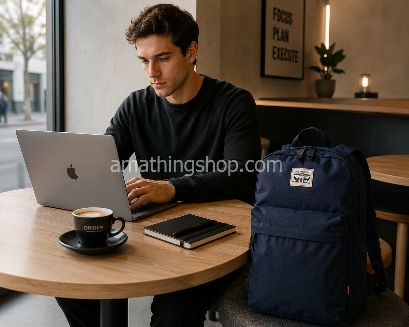 Mochila Levi’s Azul Marino para Portátil y Oficina | Backpack Premium Trabajo y Universidad Mochila Levi’s azul marino para portátil 15 pulgadas en cafetería moderna con MacBook y café premium