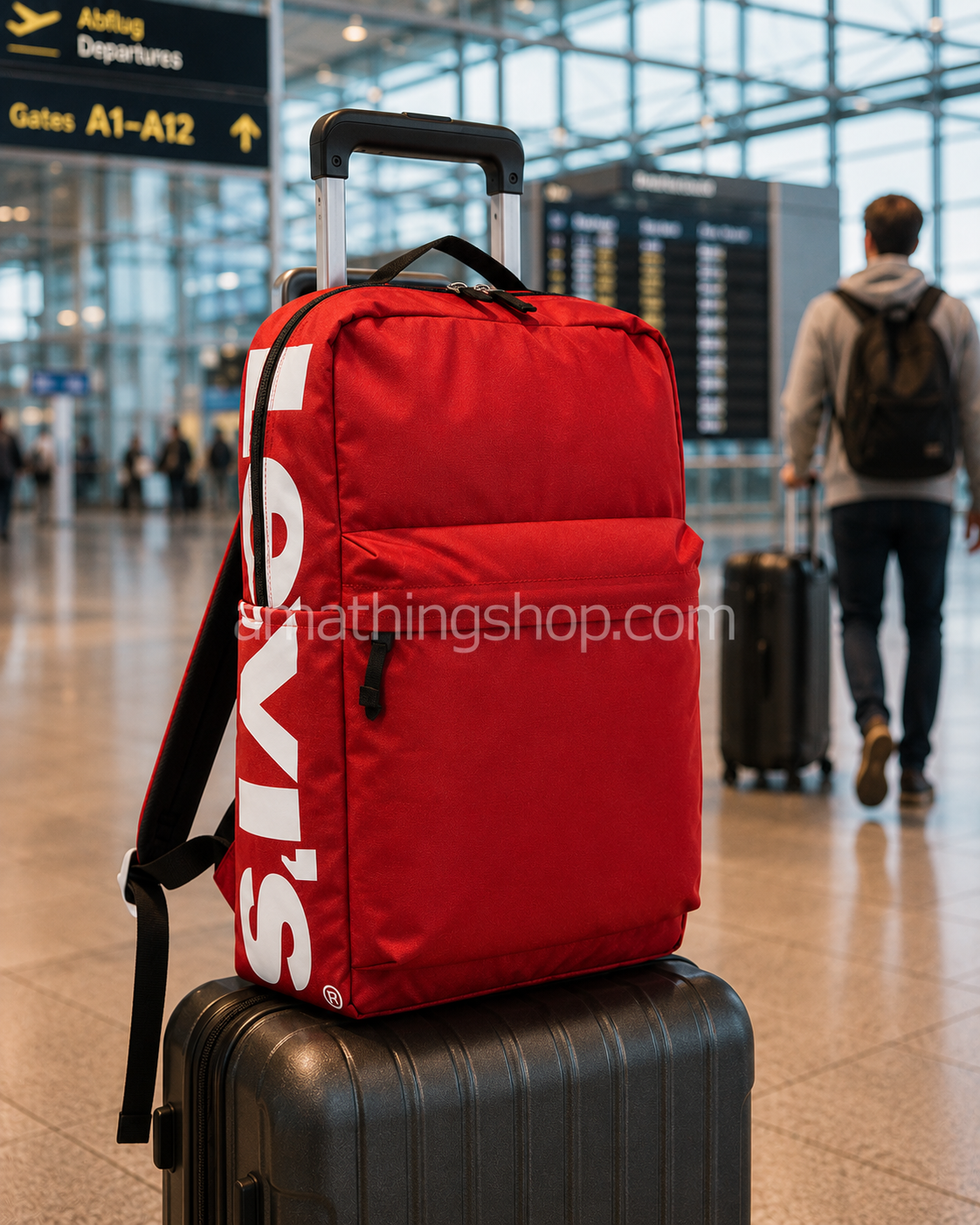 Mochila Levi’s roja 25L sobre maleta en aeropuerto moderno ideal para viaje y equipaje de mano