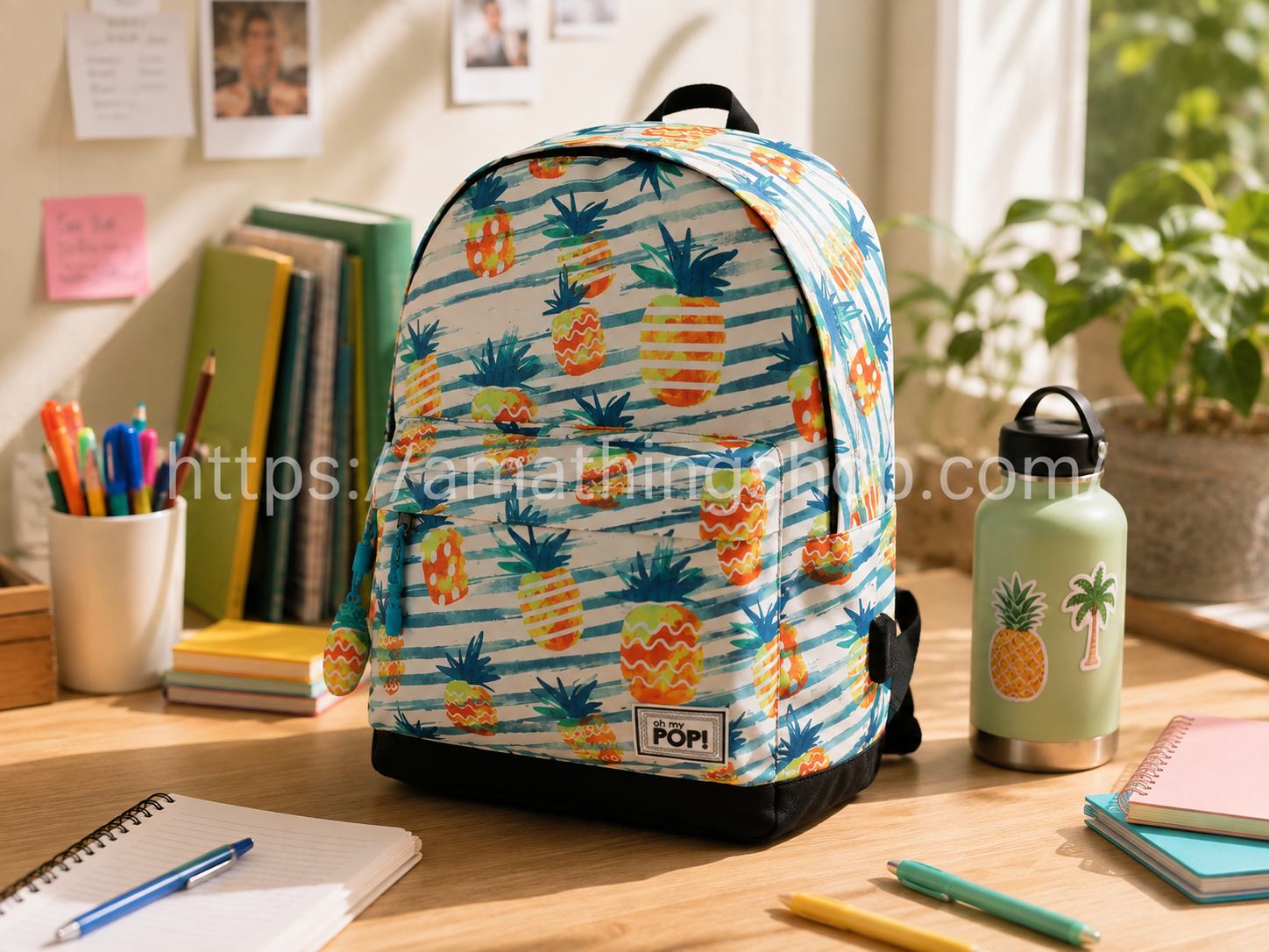 Mochila Oh My Pop Ananas 42 cm con estampado de piñas y compartimento para portátil