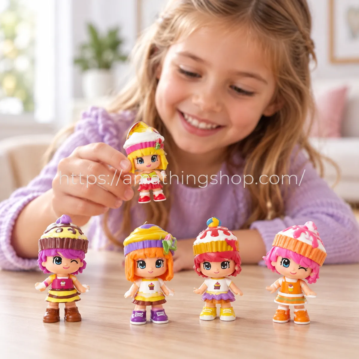 Niña jugando sobre una mesa con cinco muñecas Pinypon Cupcakes con peinados de pastelitos de colores.