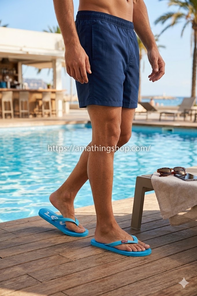 Hombre caminando junto a una piscina soleada usando las chanclas Levi’s Dixon en color azul pitufo con logo blanco. Se destaca el diseño ergonómico, la suela antideslizante ideal para zonas húmedas y el estilo moderno para verano. Calzado ligero de secado rápido disponible en amathingshop.com.