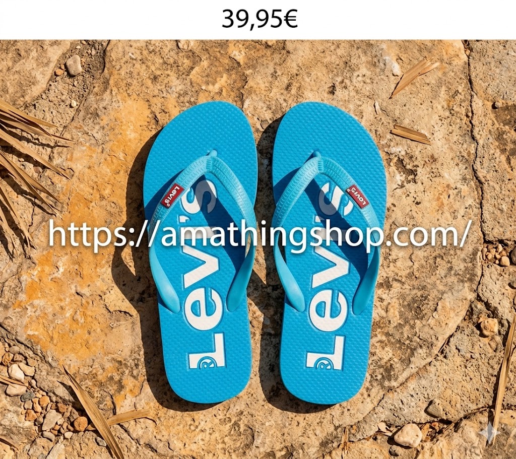 Vista cenital de las chanclas Levi’s Dixon para hombre en color azul pitufo apoyadas sobre suelo de piedra natural. Se muestra el logo blanco de Levi’s en la planta y el detalle rojo en la tira. Calzado ergonómico y resistente para playa o piscina. Oferta disponible en amathingshop.com.