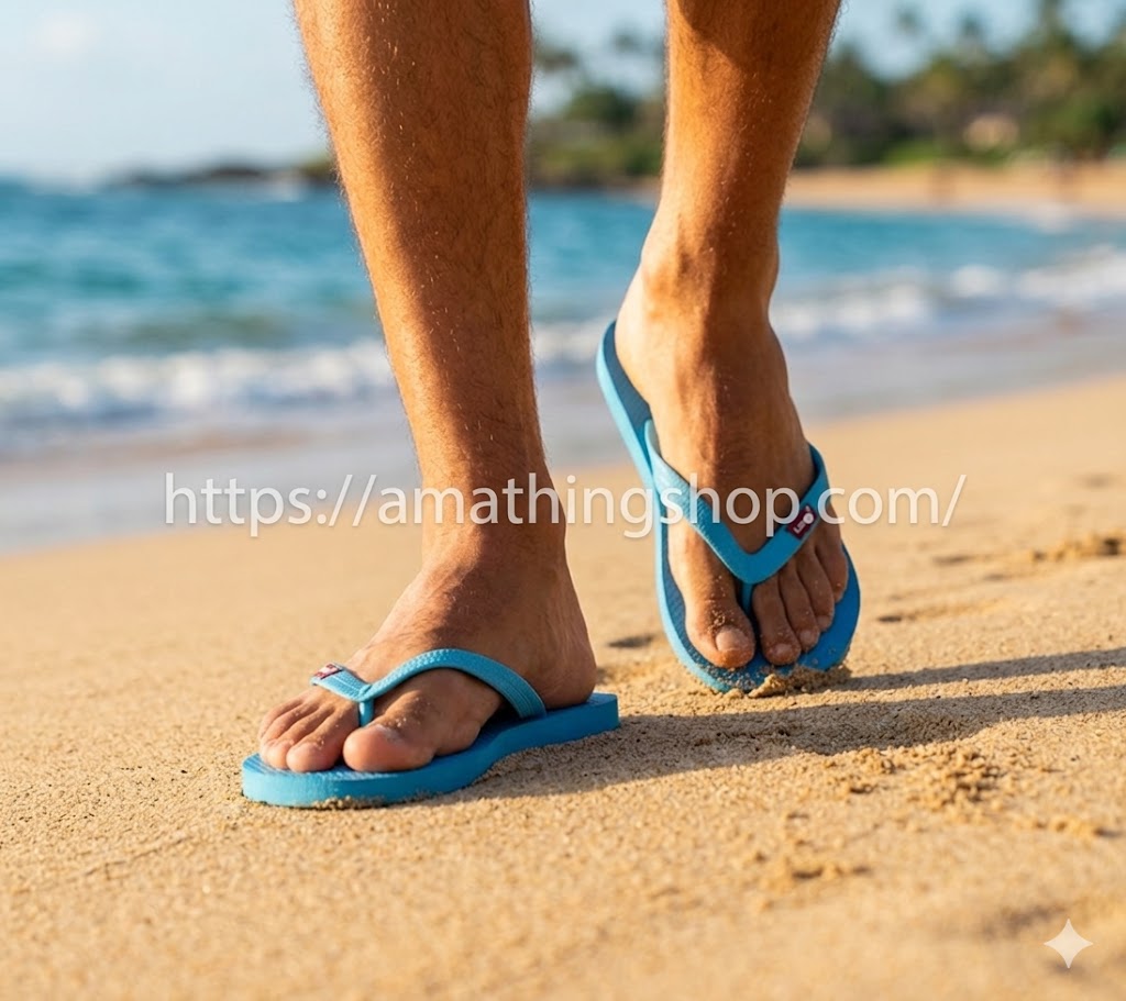 Primer plano de los pies de un hombre caminando sobre arena de playa dorada usando las chanclas Levi’s Dixon azul pitufo. Se aprecia el detalle del logo Levi’s blanco y la textura de la suela antideslizante para verano. Calzado ligero de playa disponible en amathingshop.com.