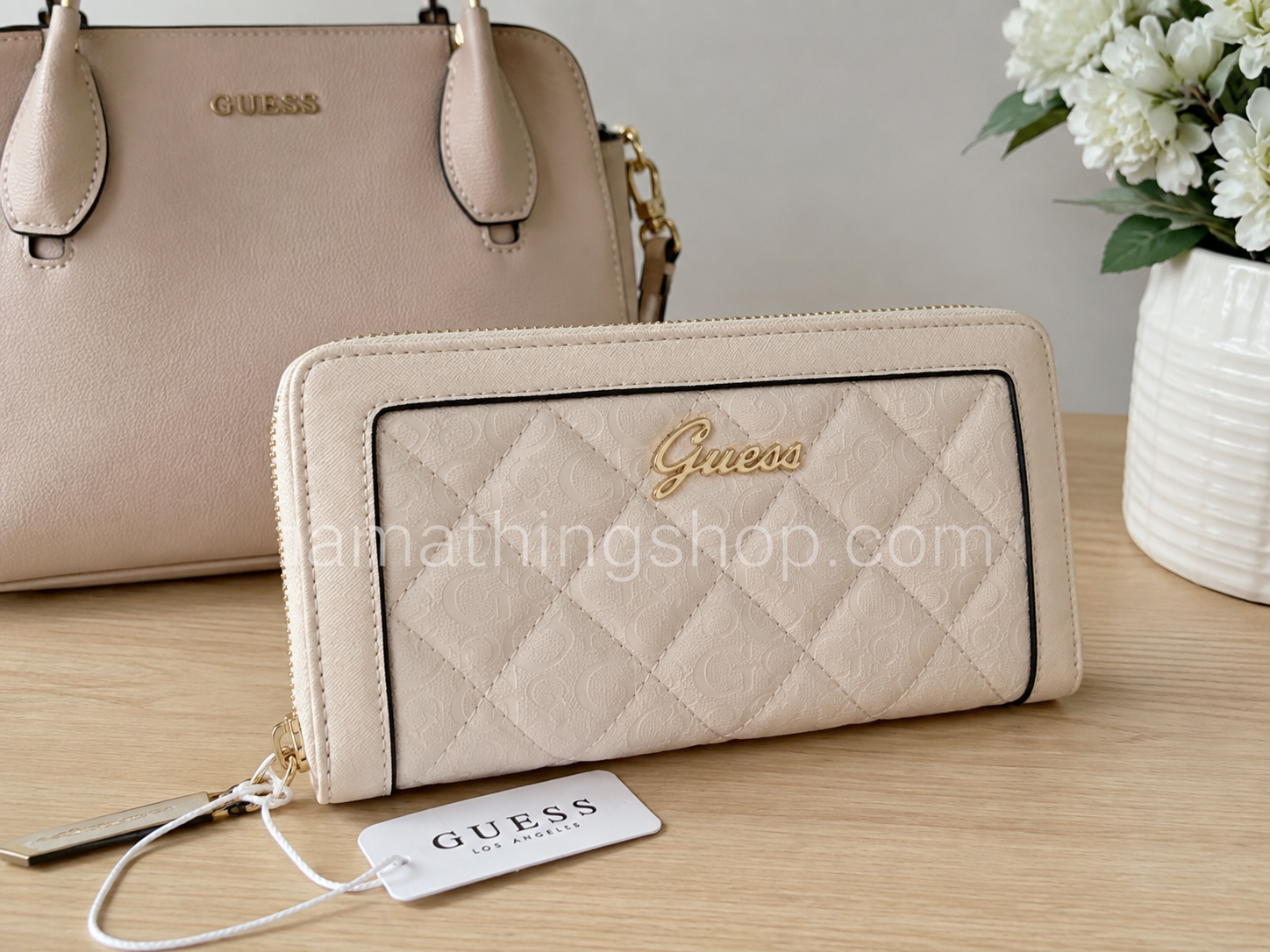 Cartera GUESS mujer beige acolchada junto a bolso, monedero grande con cremallera