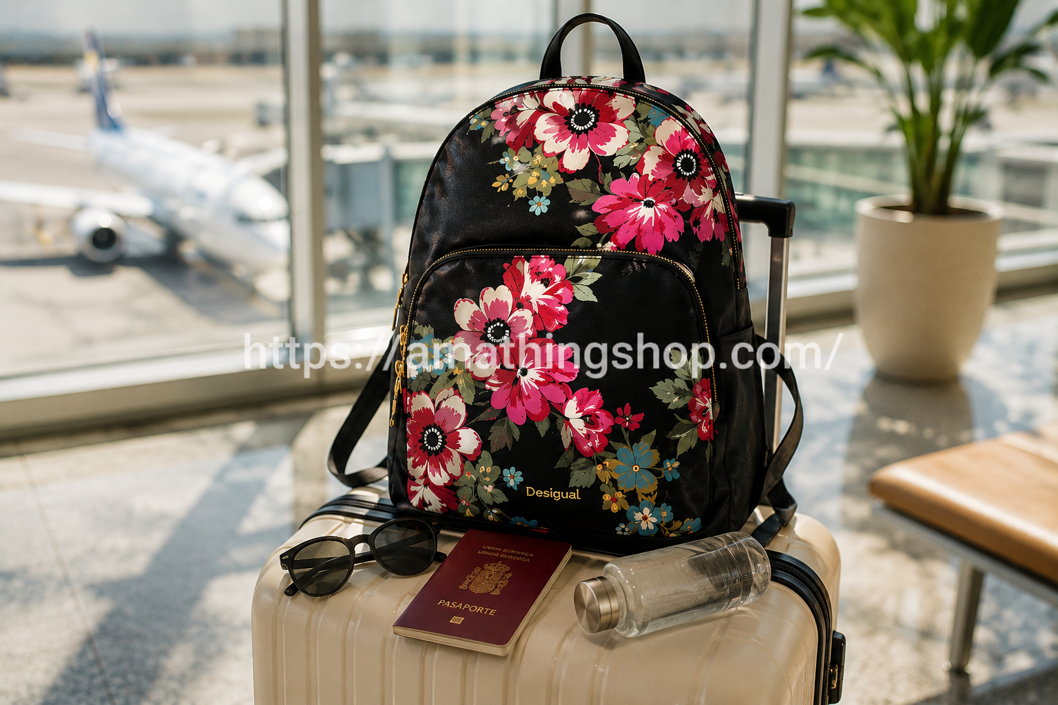Mochila Desigual Lima Travel Floral Negra Mujer para Viaje Mochila Desigual Lima Travel floral negra para mujer junto a maleta de viaje en aeropuerto