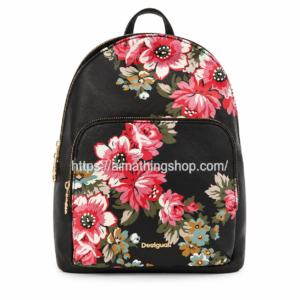 Mochila Desigual Lima Travel mujer negra con estampado floral rosa y bolsillo frontal
