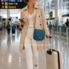 Mujer en un aeropuerto con bolso Desigual Varsovia azul pequeño bandolera modelo 18WAXPXU ideal para viajar