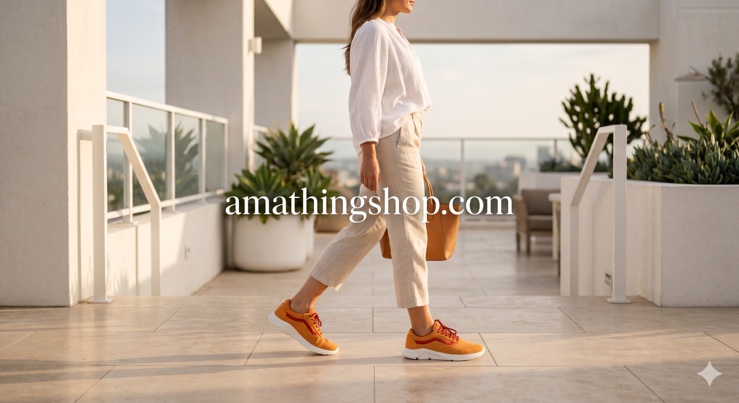 Zapatillas Vans Iso 2.0 Rapidweld color naranja para mujer, puestas en un look casual lifestyle de terraza urbana