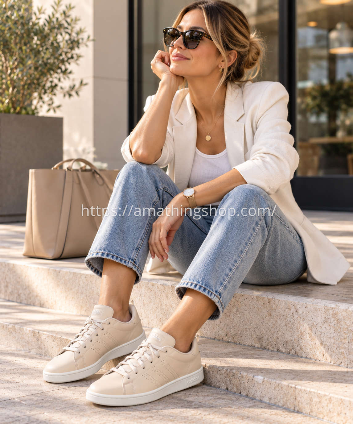 Mujer con Adidas Advantage Base EE7502 beige y vaqueros en look casual
