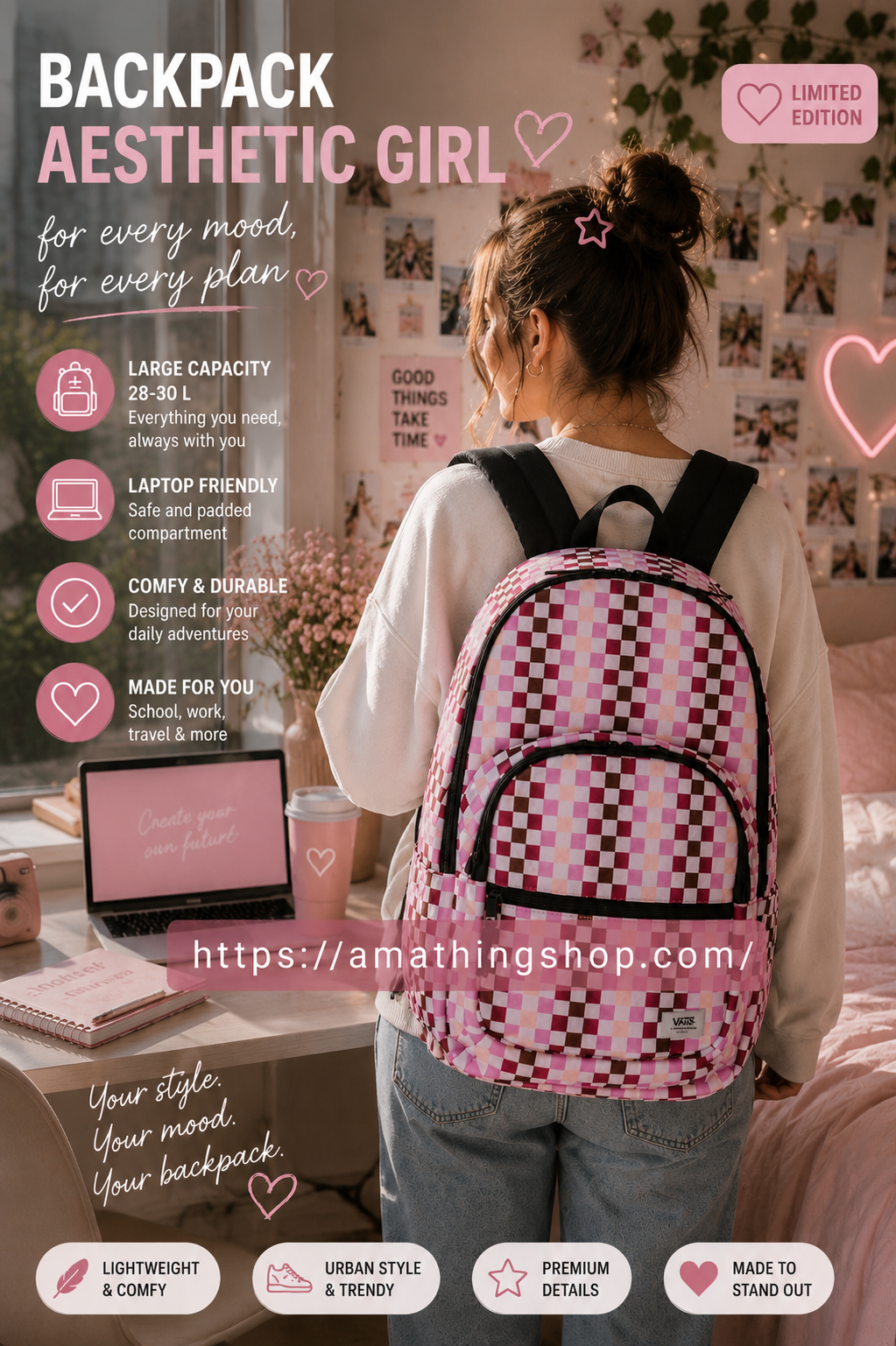 Backpack aesthetic girl Vans rosa checkerboard estilo Pinterest y lifestyle cozy