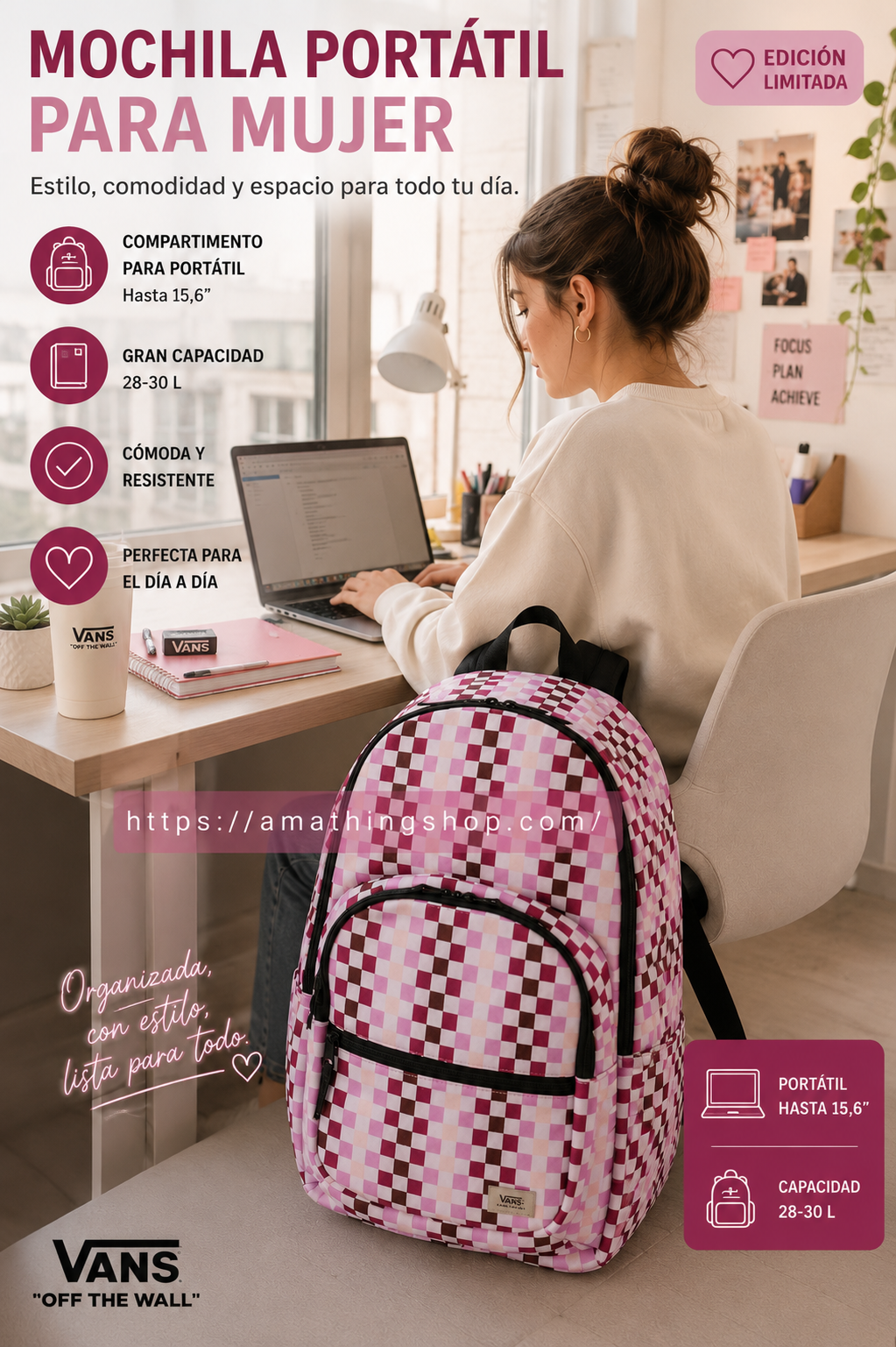 Mochila portátil mujer Vans rosa checkerboard grande ideal para trabajo universidad y portátil