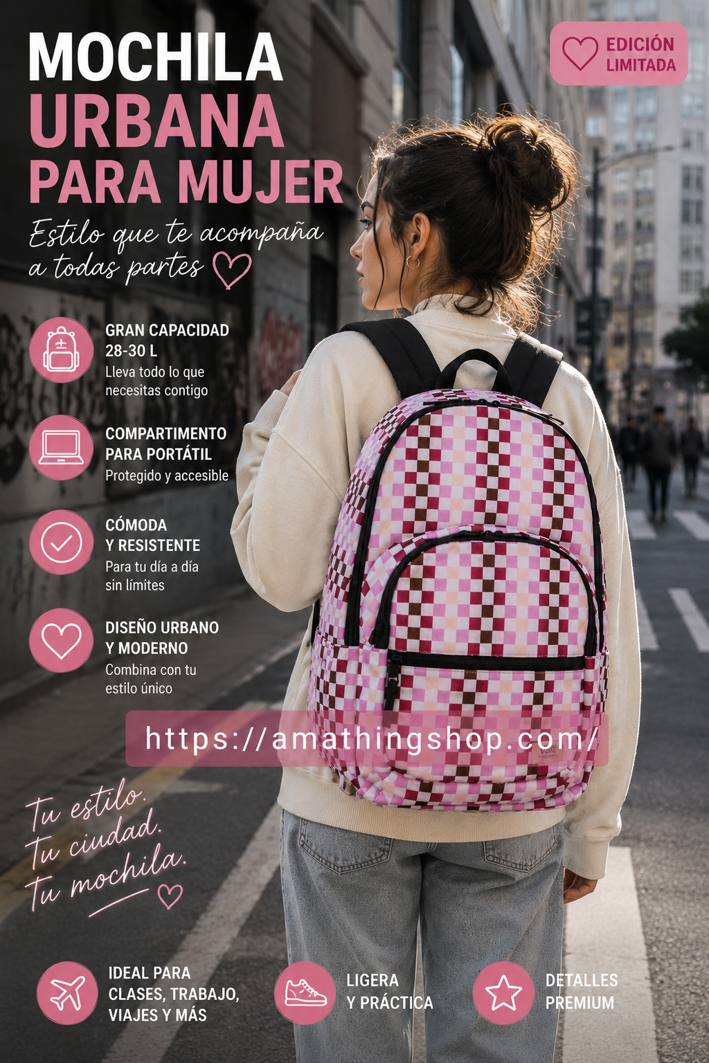 Mochila urbana mujer Vans rosa checkerboard estilo streetwear para ciudad y universidad