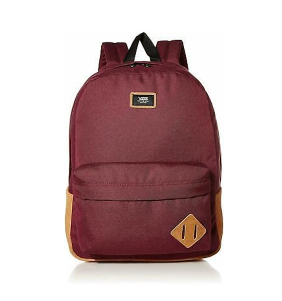 Mochila Vans burdeos Old Skool III VN0A316R7D51 unisex de 22 litros aproximadamente con bolsillo frontal, detalles camel y diseño urbano.