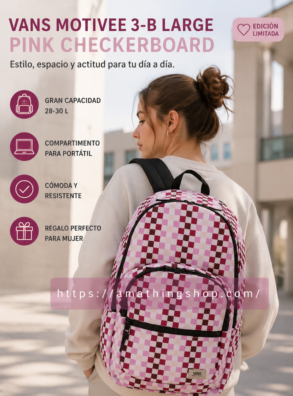Mochila Vans rosa checkerboard grande para mujer con estilo urbano casual ideal para universidad viaje y uso diario