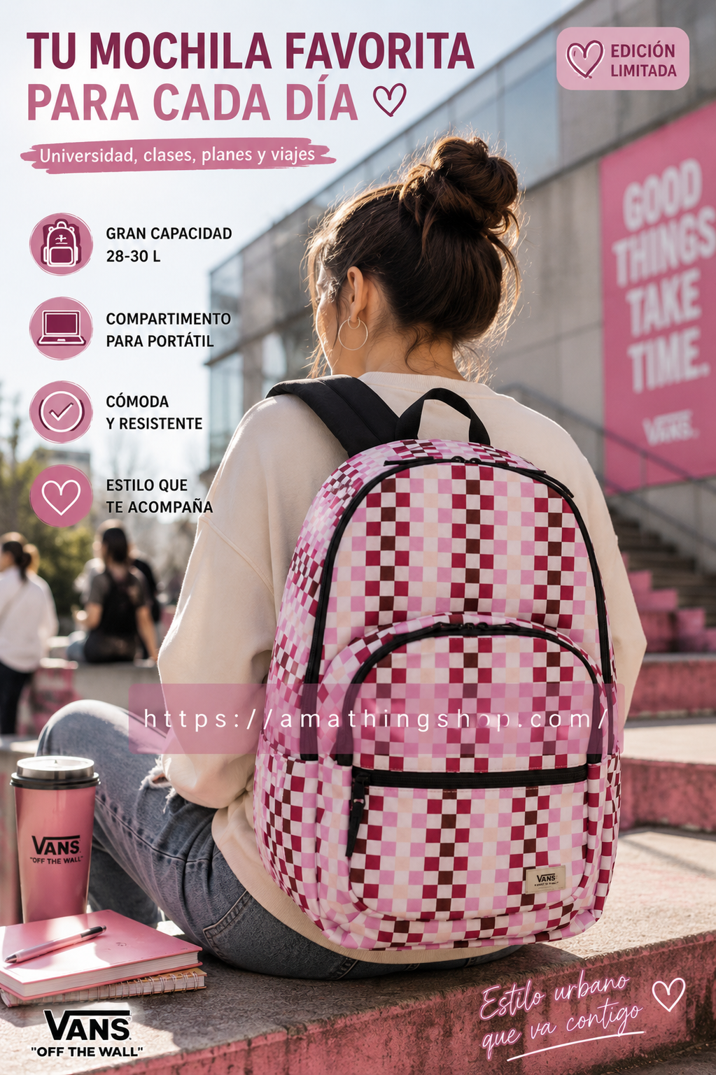 Mochila Vans rosa checkerboard grande para universidad mujer con estilo urbano aesthetic y gran capacidad