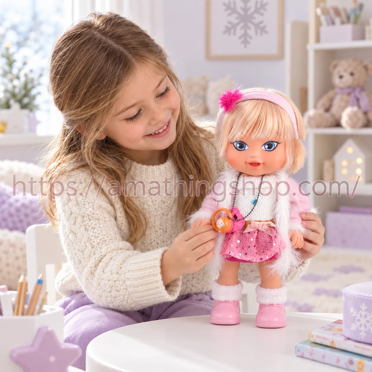 Niña jugando con la muñeca Jaggets Mini Model Snow Surprise, rubia y vestida de rosa y blanco