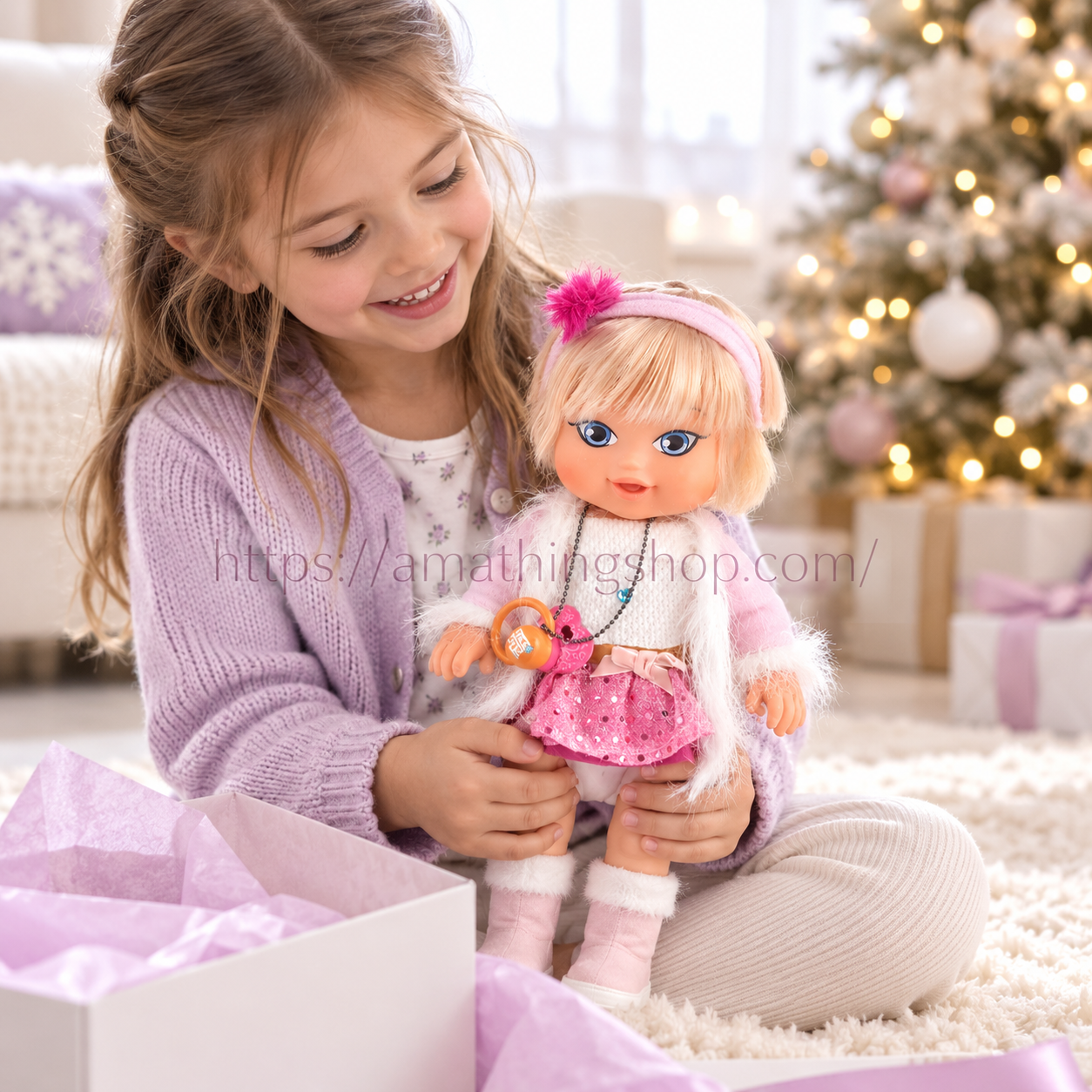Niña jugando con la muñeca Jaggets Mini Model Snow Surprise, rubia y vestida de rosa y blanco