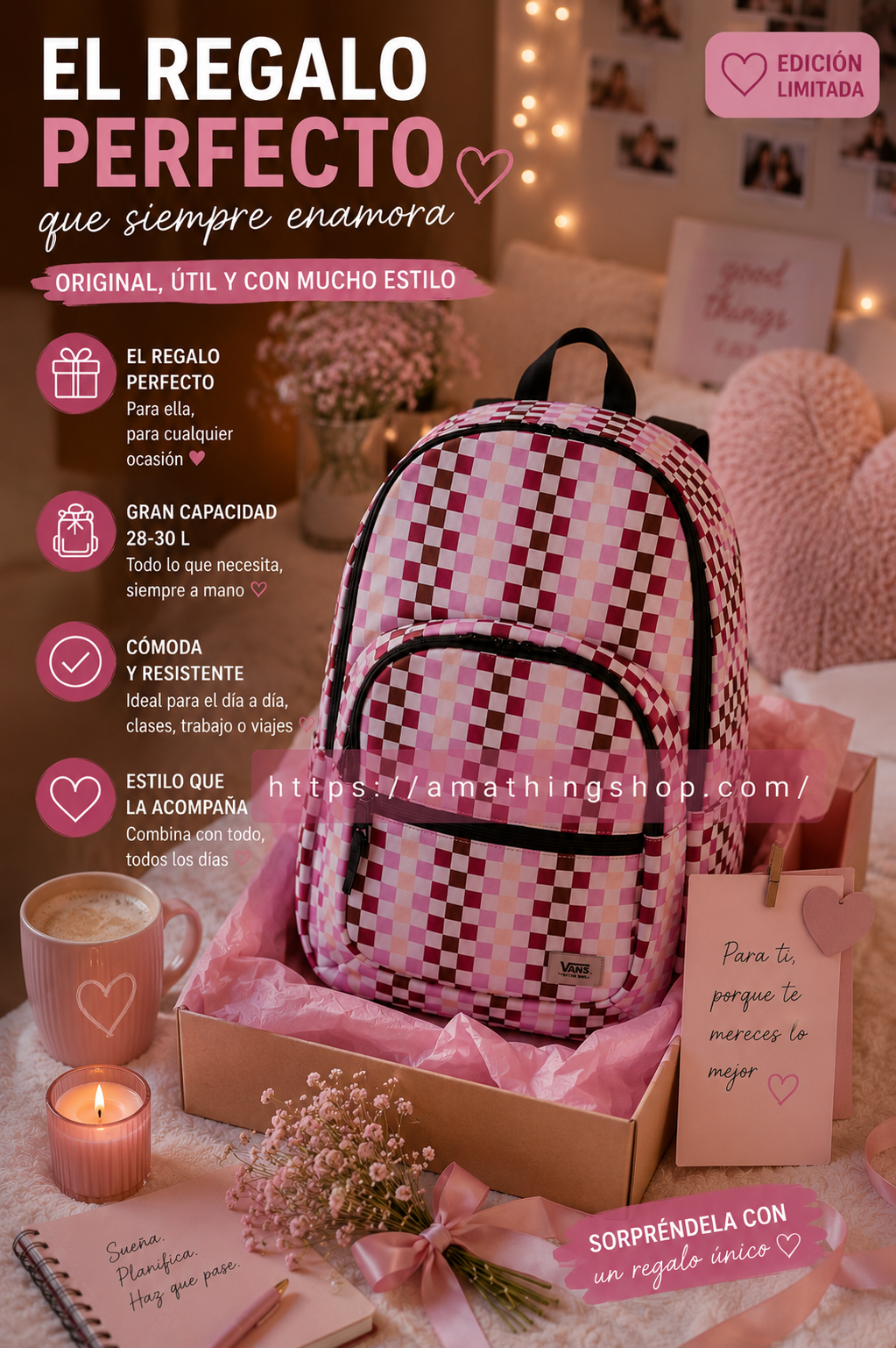 Mochila Vans rosa checkerboard presentada como regalo original para mujer estilo aesthetic