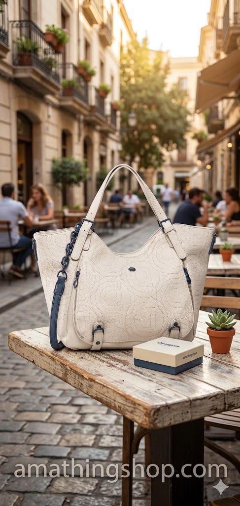 Bolso grande Desigual Minuet Rotterdam beige apoyado en una mesa de madera de una cafetería soleada, mostrando su diseño bordado y detalles premium. Una imagen que transmite elegancia y estilo diario, ideal para regalo. Disponible en amathingshop.com.