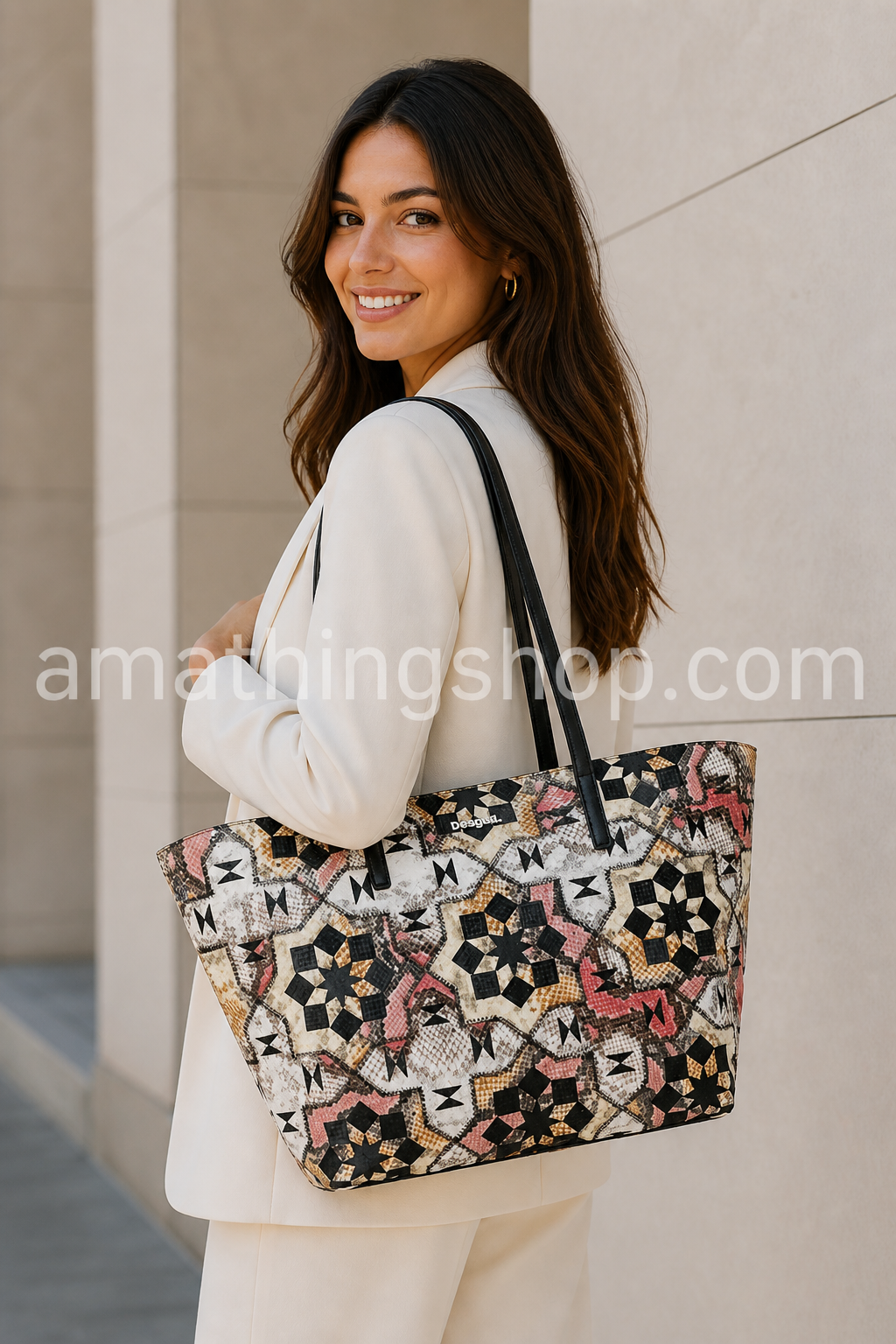 Bolso mujer grande multicolor Desigual elegante para trabajo y uso diario Bolso tote mujer grande estampado multicolor cómodo para oficina universidad y uso diario