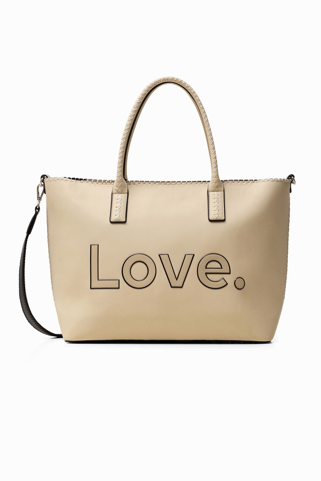 Bolso grande Desigual Alola Holbox beige con mensaje LOVE y triple asa 20SAXP94