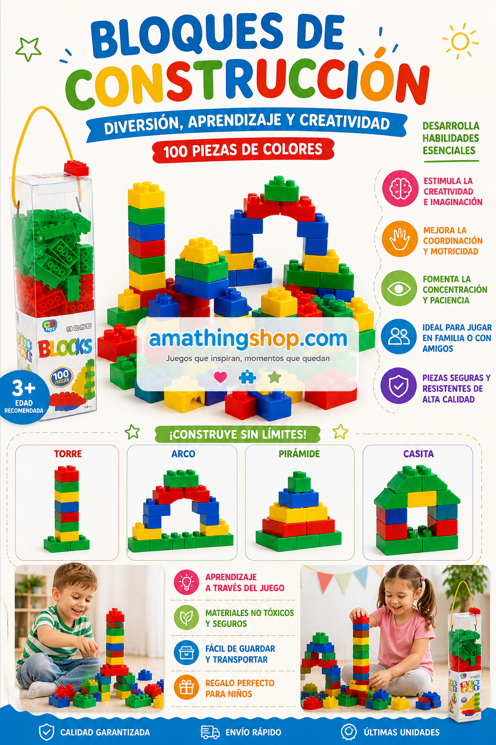 bloques construccion niños 100 piezas colores juego educativo creatividad infantil beneficios