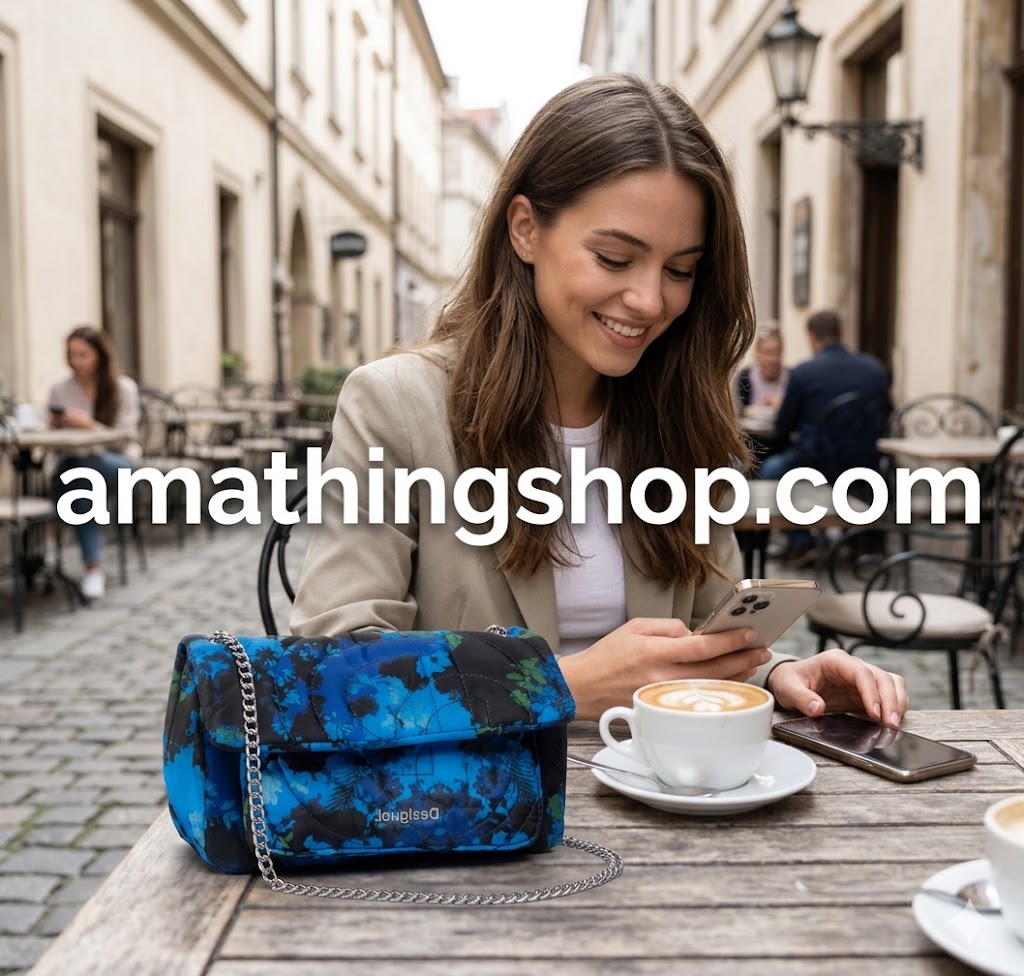 Mujer joven en una terraza de cafetería usando un bolso pequeño Desigual Camoflower Zurich azul floral acolchado, mostrando su tamaño compacto junto a un café.