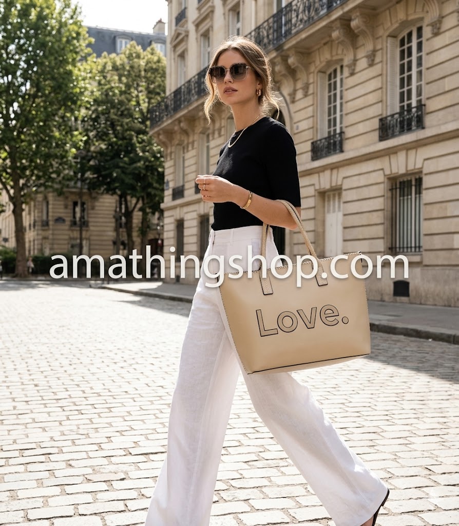 Bolso Desigual Grande Alola Holbox Beige - Edición LOVE Mujer elegante caminando por la calle usando el bolso grande Desigual Alola Holbox beige con el mensaje LOVE, ideal para trabajo o universidad. Edición limitada disponible en amathingshop.com.