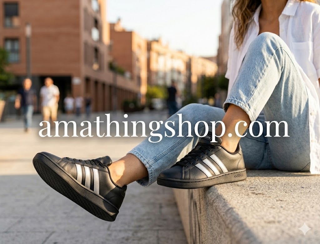 Primer plano lateral de zapatillas Adidas Grand Court negras con tres bandas plateadas y suela de goma negra, puestas por una chica sentada, de amathingshop.com.