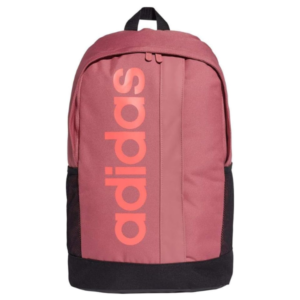 Mochila Adidas Linear Core 3P rosa GE1156 con logo vertical, base negra, bolsillo frontal y bolsillos laterales de malla.