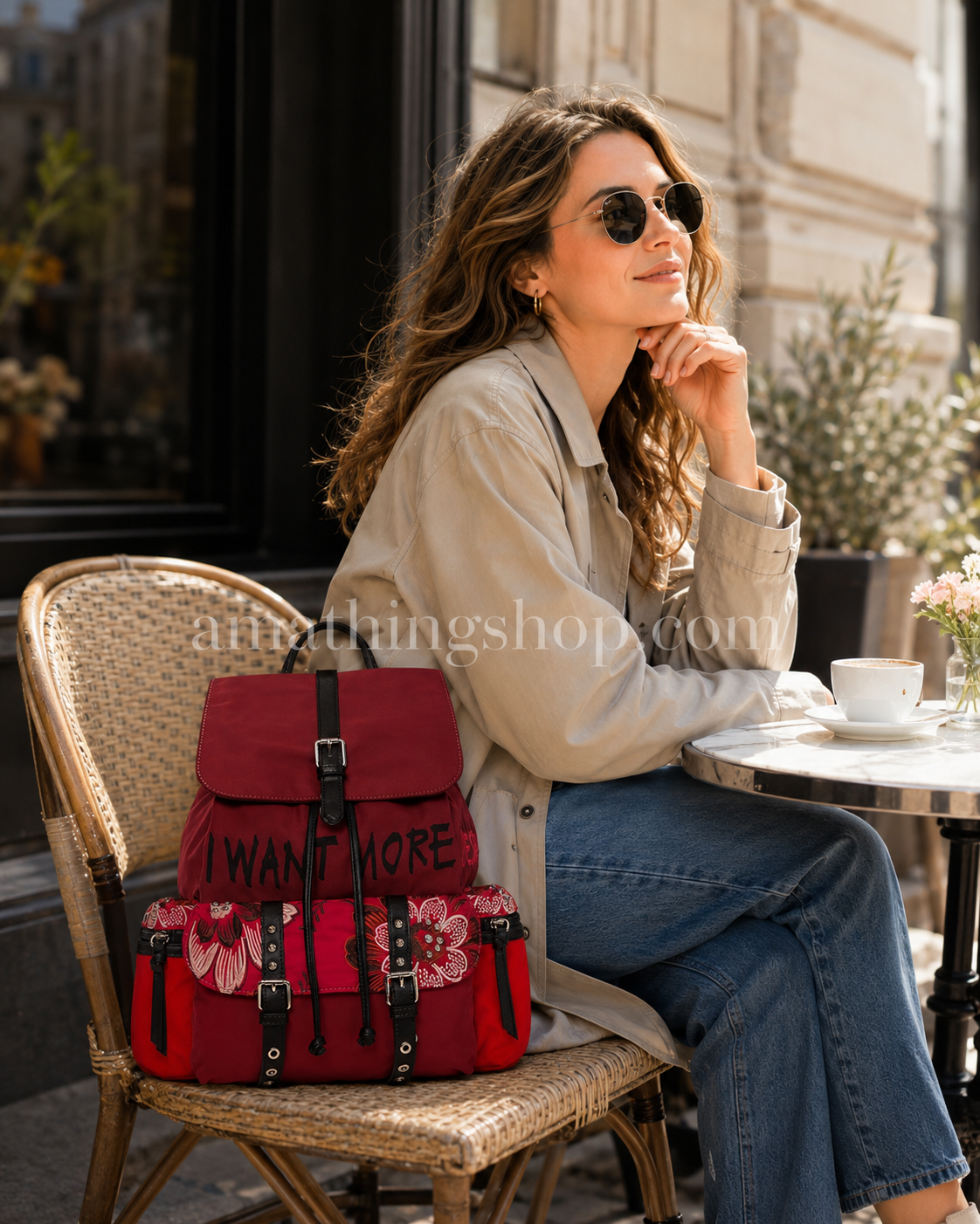 Mochila Desigual mujer roja Clementine Tribeca en café urbano Mochila Desigual Back Rich Clementine Tribeca roja para mujer colocada sobre una silla de café, con diseño urbano, detalles florales, correas negras y tamaño aproximado visible en escena lifestyle.