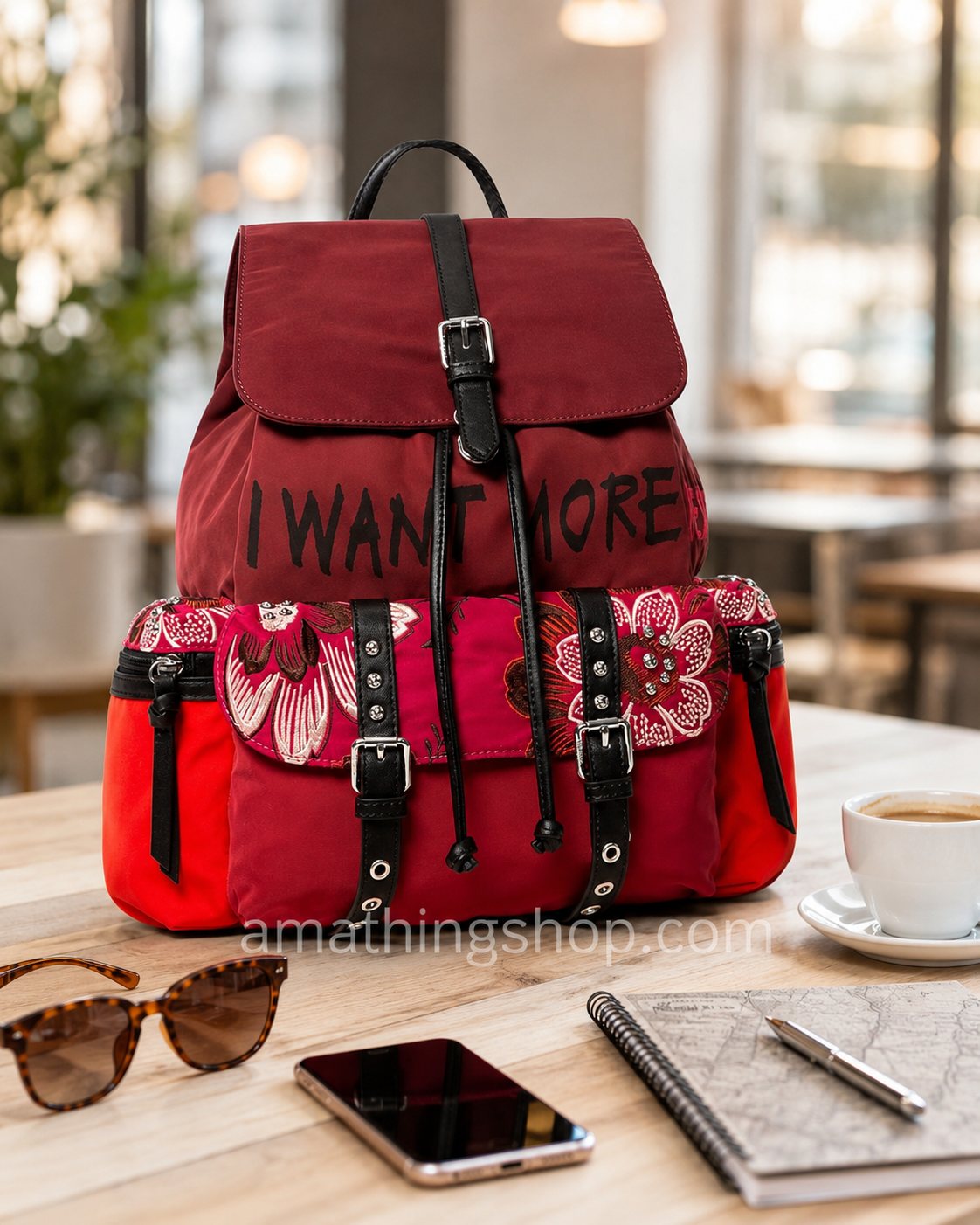 Mochila Desigual mujer roja con bolsillos Back Rich Clementine Tribeca Mochila Desigual Back Rich Clementine Tribeca roja para mujer sobre mesa de café, con bolsillos exteriores, cierre tipo cartera, cordón ajustable y detalles florales.