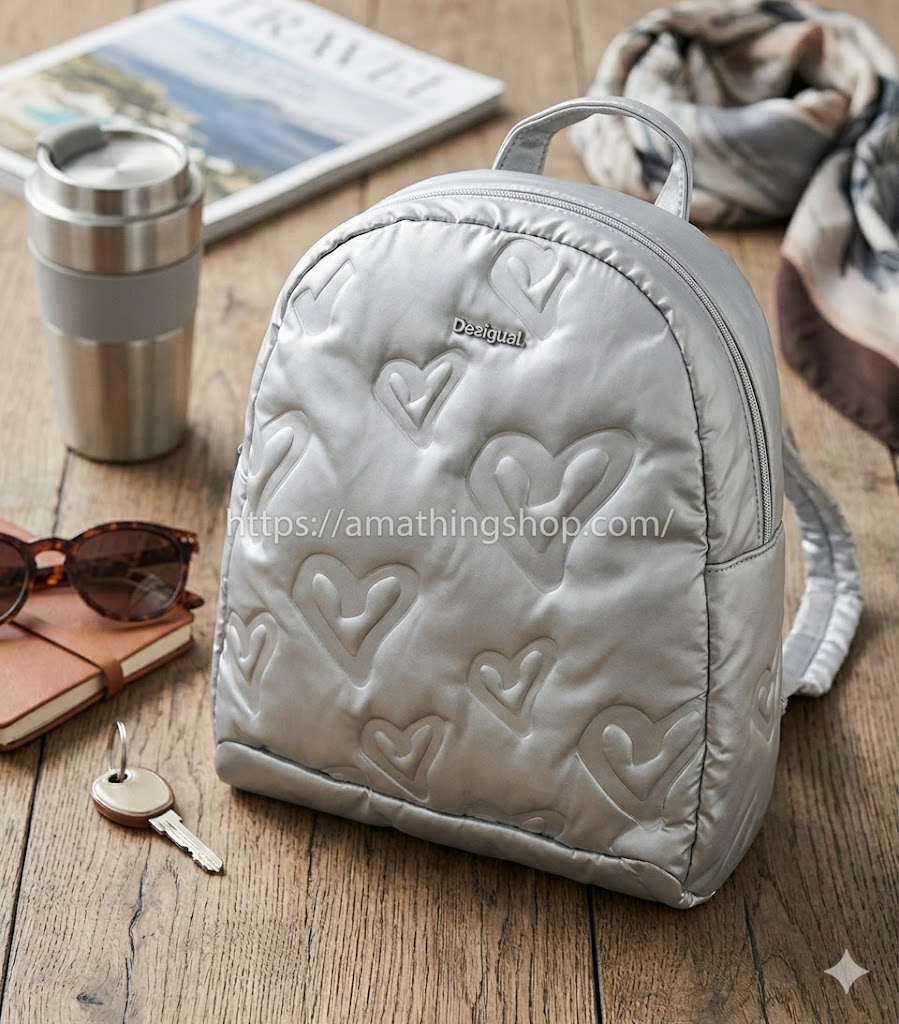 mochila-desigual-simoneta-venice-plateada-mujer-lifestyle Modelo de mujer en la ciudad usando la mochila Desigual Simoneta Venice plateada con grabado de corazones. Foto lifestyle de producto.