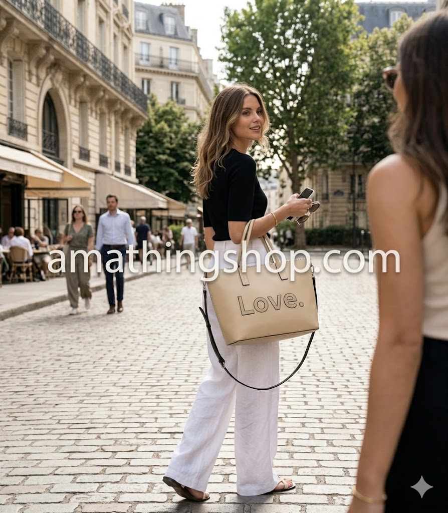 Estilo Calle con Bolso Grande Desigual LOVE Beige Mujer elegante caminando por una calle adoquinada de una ciudad europea vistiendo pantalones de lino blancos y sosteniendo el bolso grande Desigual Alola Holbox beige con el mensaje LOVE. Foto de estilo calle que muestra el tamaño real y la versatilidad del bolso. Disponible en amathingshop.com.