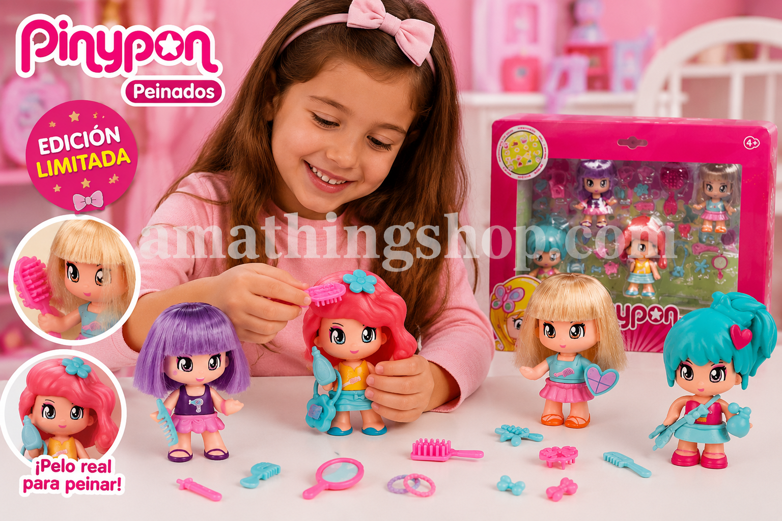 Niña jugando con muñecas Pinypon Peinados edición limitada con pelo real y accesorios de peluquería