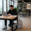 Hombre de 35 años trabajando en un espacio coworking con mochila Jordan Gris Air Jordan original de 21 litros para portátil, oficina, universidad y uso diario.
