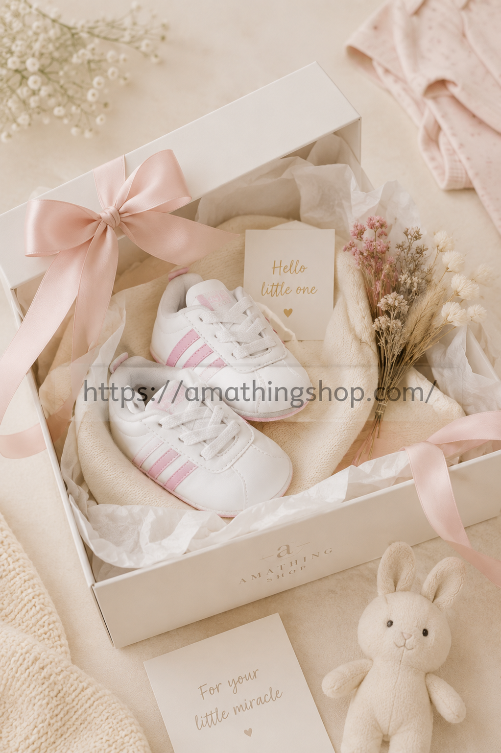 Caja regalo baby shower con zapatillas Adidas VL Court 2.0 bebé niña blanco rosa y decoración premium minimalista