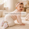 Bebé niña gateando con zapatillas Adidas VL Court 2.0 blanco rosa en salón premium luminoso