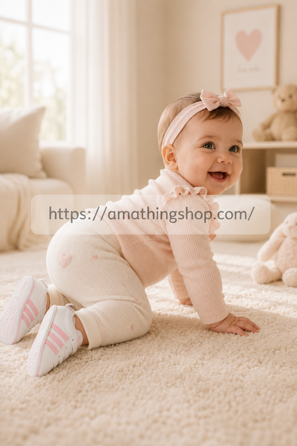 Bebé niña gateando con zapatillas Adidas VL Court 2.0 blanco rosa en salón premium luminoso