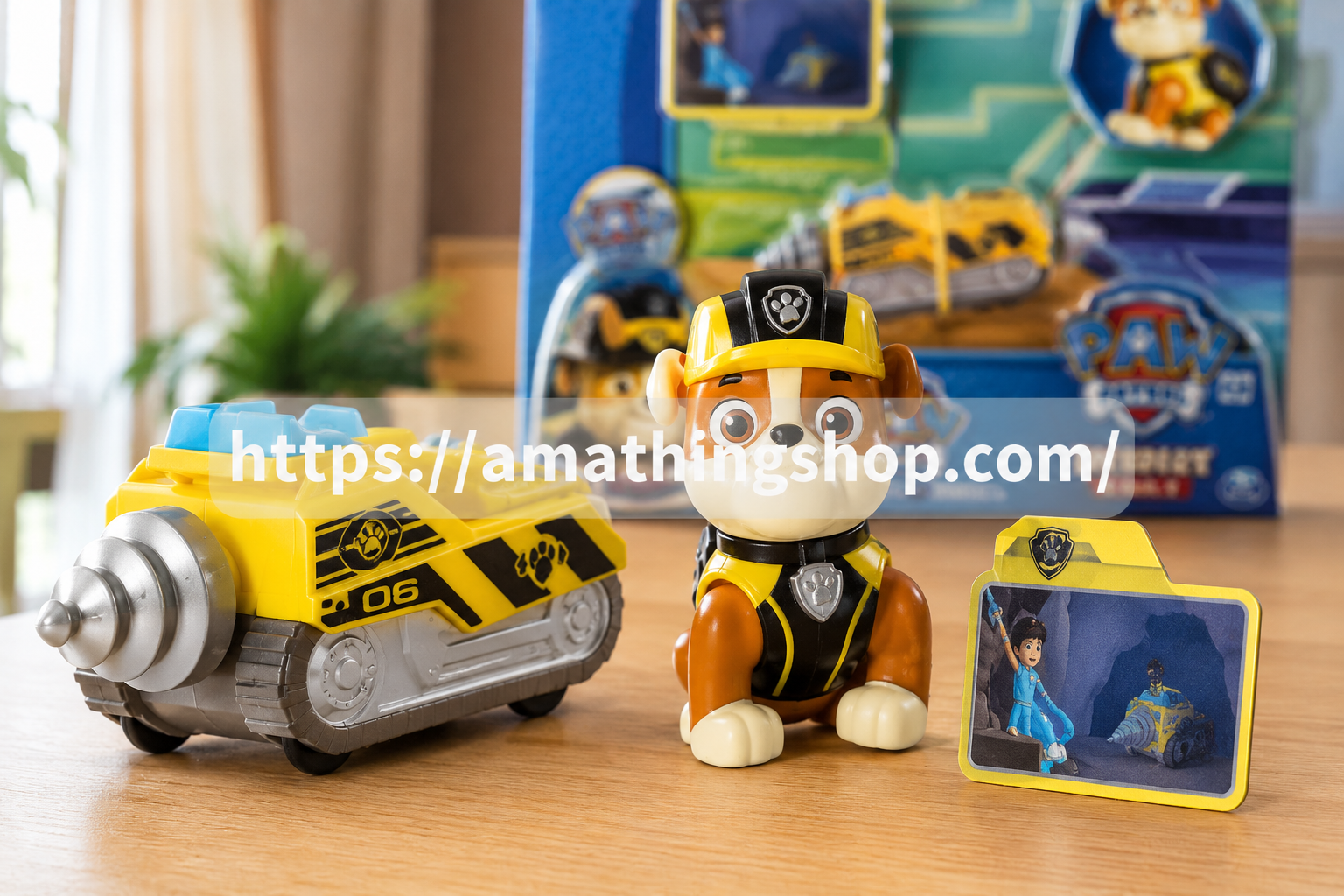 Paw Patrol Rubble Mission Paw Mini Miner con figura, vehículo perforador amarillo y tarjeta de misión