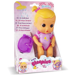 Muñeca Bloopies Luna con traje lila y accesorios de agua presentada en su caja.