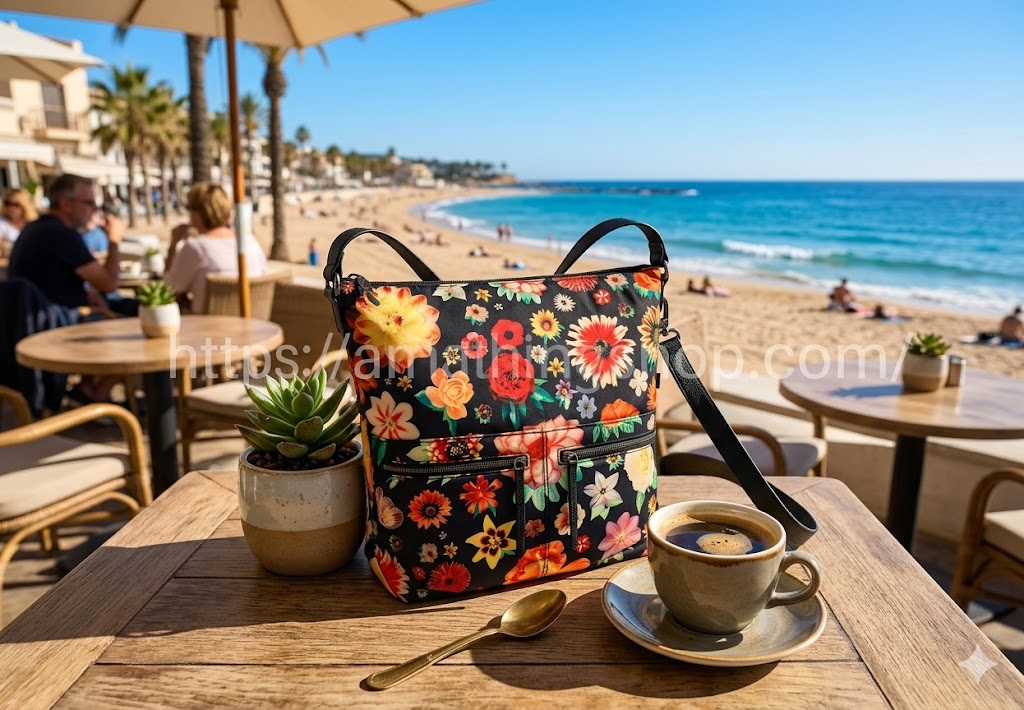 Bolso grande Desigual diseñado por Christian Lacroix con estampado floral sobre fondo negro, apoyado en una mesa de madera de una cafetería frente al mar. Escena veraniega con café y planta suculenta que resalta el diseño artístico. Disponible en amathingshop.com.