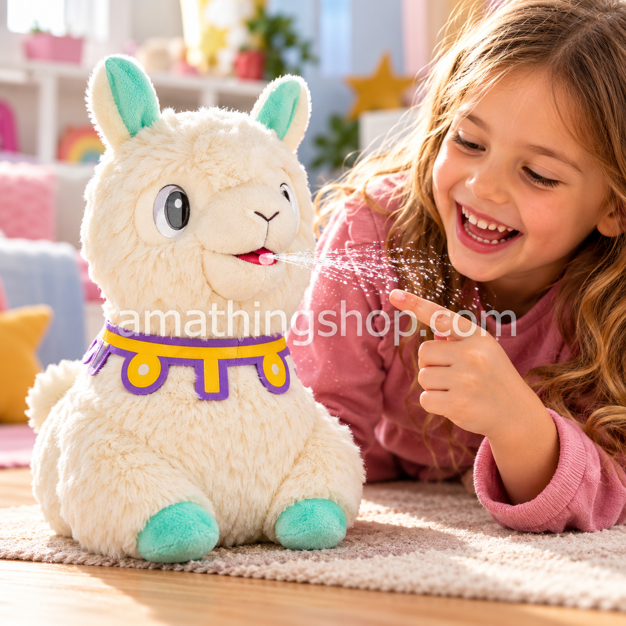 Niña jugando con Club Petz Spitzy, llama interactiva IMC Toys que escupe agua