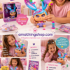 Collage comercial Bellies Beasties Trixie Famosa interactiva con niña jugando y accesorios