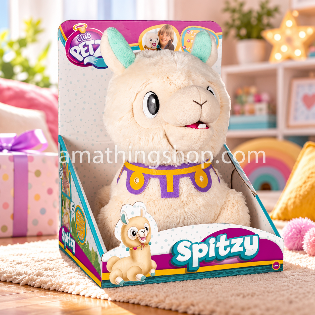 IMC Toys Club Petz Spitzy 91825, peluche de llama interactiva en su presentación