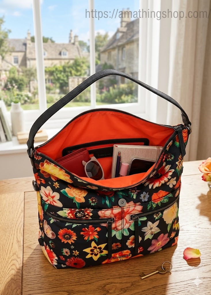 Primer plano del bolso hobo Desigual Christian Lacroix floral negro, medio abierto sobre una mesa de madera. El interior naranja brillante está lleno con una cartera, gafas de sol, libreta, pintalabios y móvil, mostrando su gran capacidad y organización. Luz natural de una ventana. Disponible en amathingshop.com.