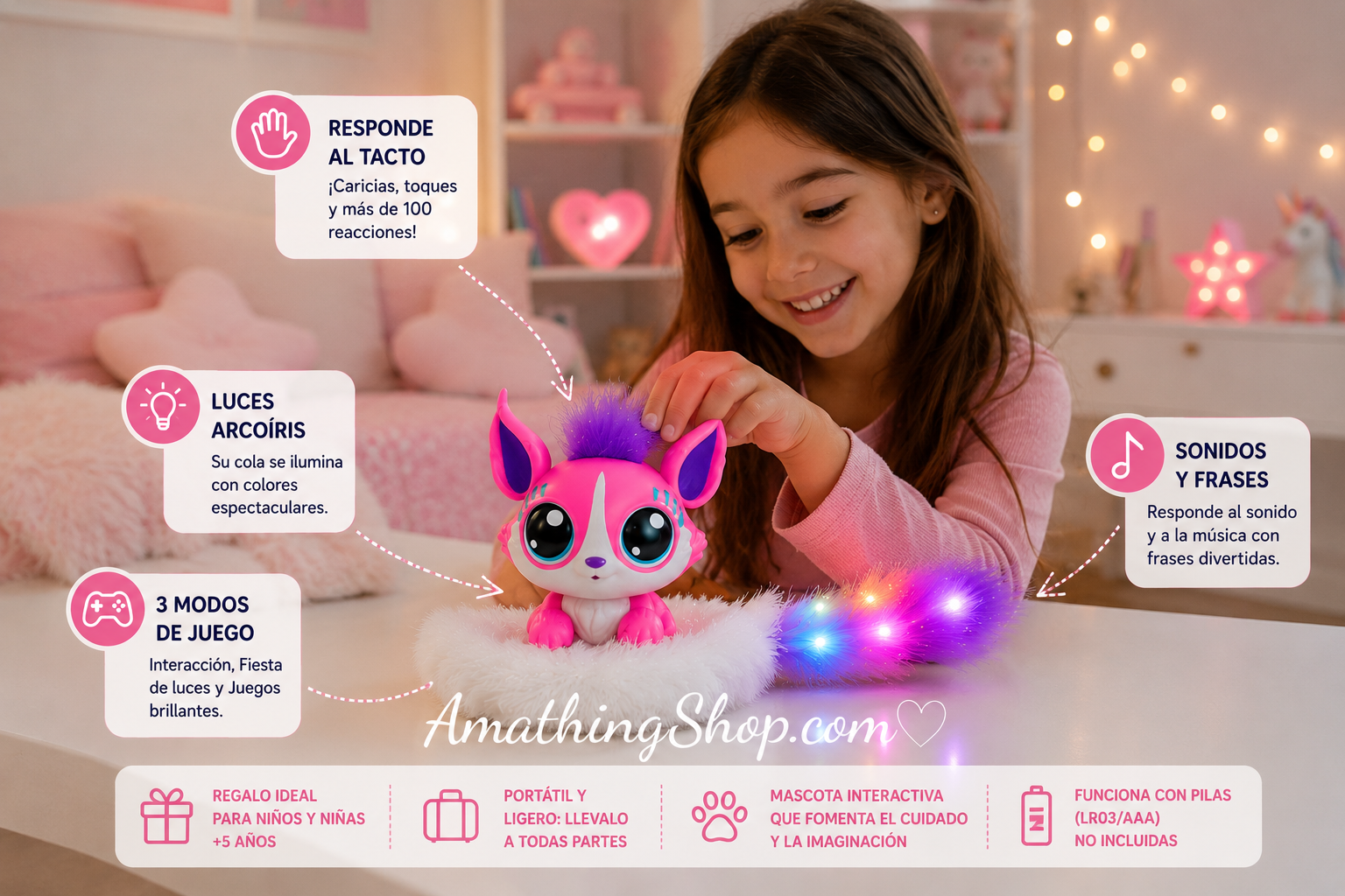 Niña jugando en habitación infantil con mascota interactiva Lil Gleemerz Adorbrite Rosa con cola luminosa y luces de colores. Imagen lifestyle realista para ecommerce infantil.