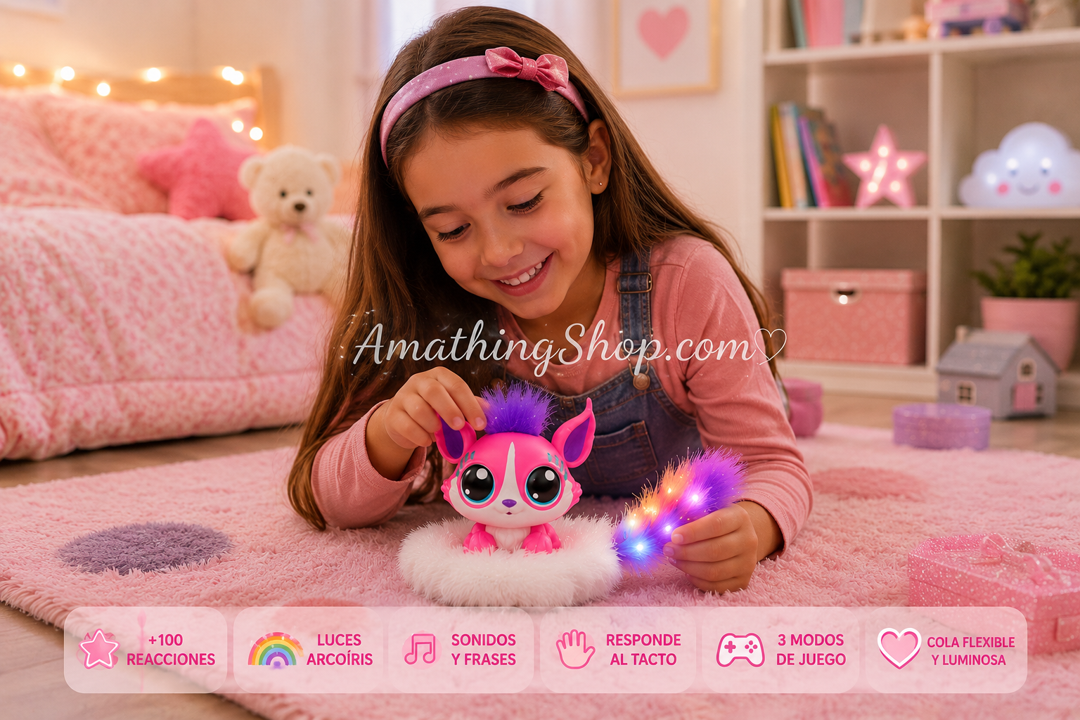 Niña jugando en habitación infantil con mascota interactiva Lil Gleemerz Adorbrite Rosa de cola luminosa arcoíris. Imagen lifestyle realista para ecommerce infantil.