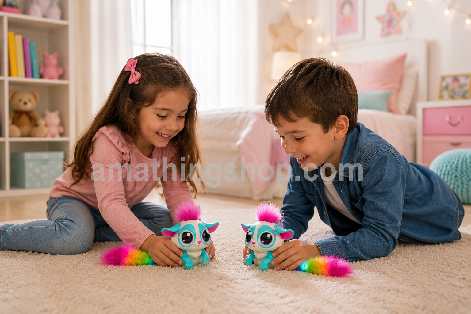 Niño y niña jugando con dos mascotas interactivas Lil' Gleemerz Amiglow originales de Mattel en una habitación infantil luminosa